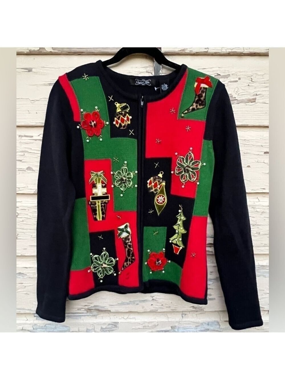 Vintage 90s Y2K Crystal Kobe Ugly Christmas Holiday Colorblock Cardigan Sweater